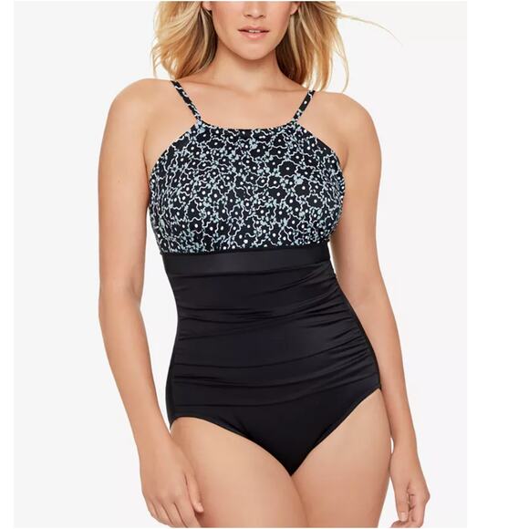 Swim Solutions Womens Black Gray High Neck One Floral Piece Swimsuit 14 NWT - Picture 1 of 3
